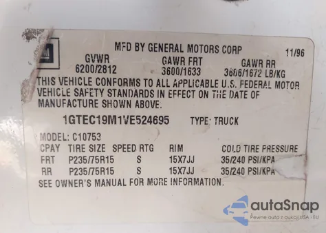 1997 GMC Sierra 1500 Sl Wideside z USA, uszkodzony, nr VIN 1GTEC19M1VE524695